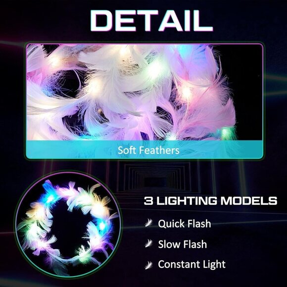 20 Pieces LED Feather Crown Headband Colorful Light Up Floral Hair Accessories main image 4